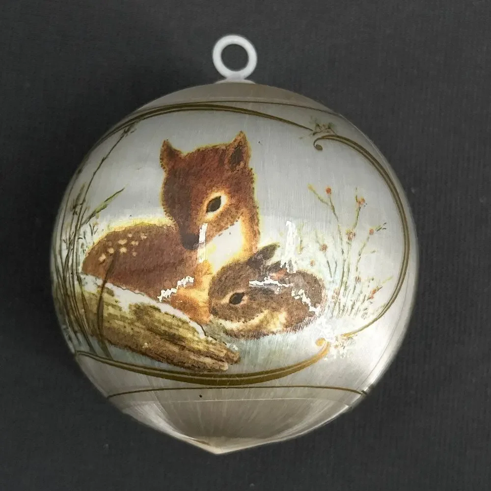 VTG Silk Christmas Ornament Baby deer Shepherd lamb Scenic American Legion 80s